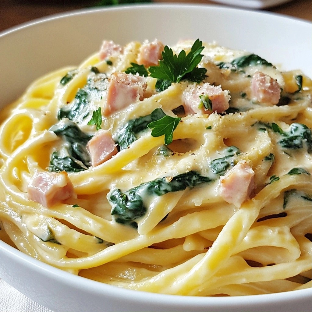 One-pan Meals Creamy Spinach and Turkey Ham Linguine