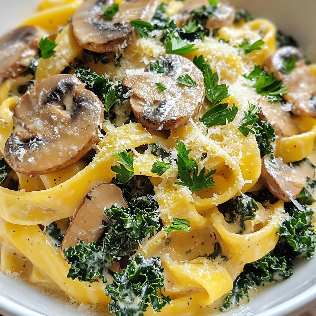 One-Pan Meals Creamy Mushroom and Kale Fettuccine